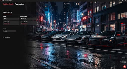 Lineup of exotic cars on a neon-lit Orlando street