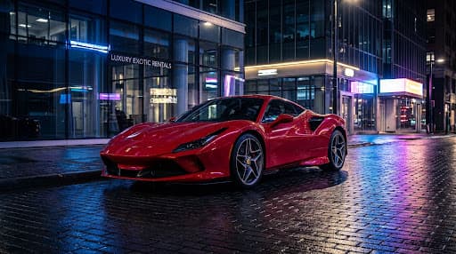 A red exotic supercar on a neon-lit city street at night
